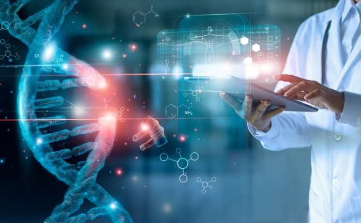 Abstract luminous DNA molecule. Doctor using tablet and check with analysis chromosome DNA genetic of human on virtual interface. Medicine. Medical science and biotechnology.